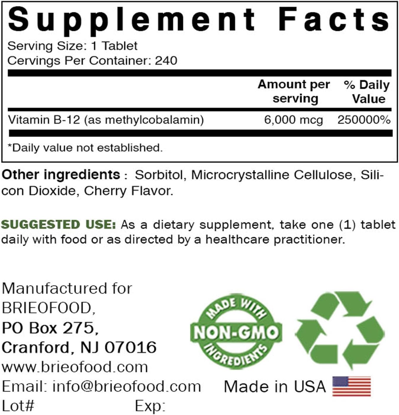 Brieofood Methylcobalamin Vitamin B12 6000mcg - 240 Tablets, Non-GMO & Gluten-Free
