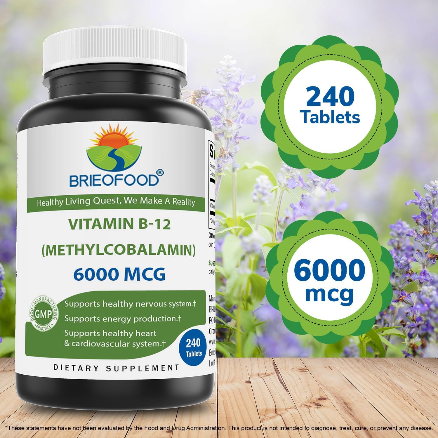Brieofood Methylcobalamin Vitamin B12 6000mcg - 240 Tablets, Non-GMO & Gluten-Free