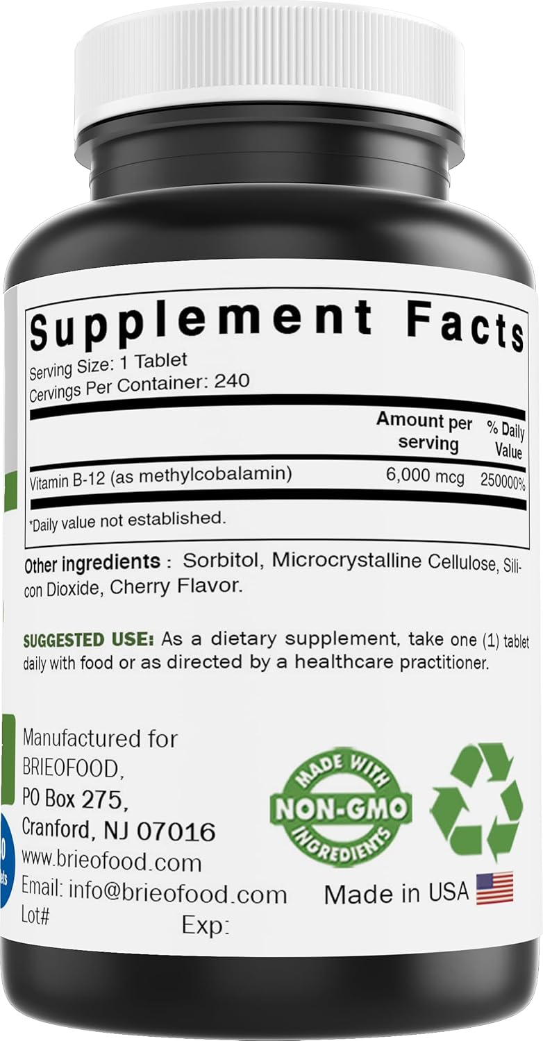 Brieofood Methylcobalamin Vitamin B12 6000mcg - 240 Tablets, Non-GMO & Gluten-Free