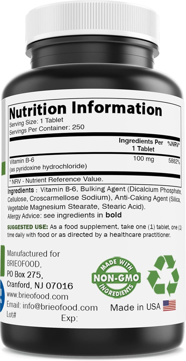 Brieofood Vitamin B6 Tablets - 100 mg, Pack of 250