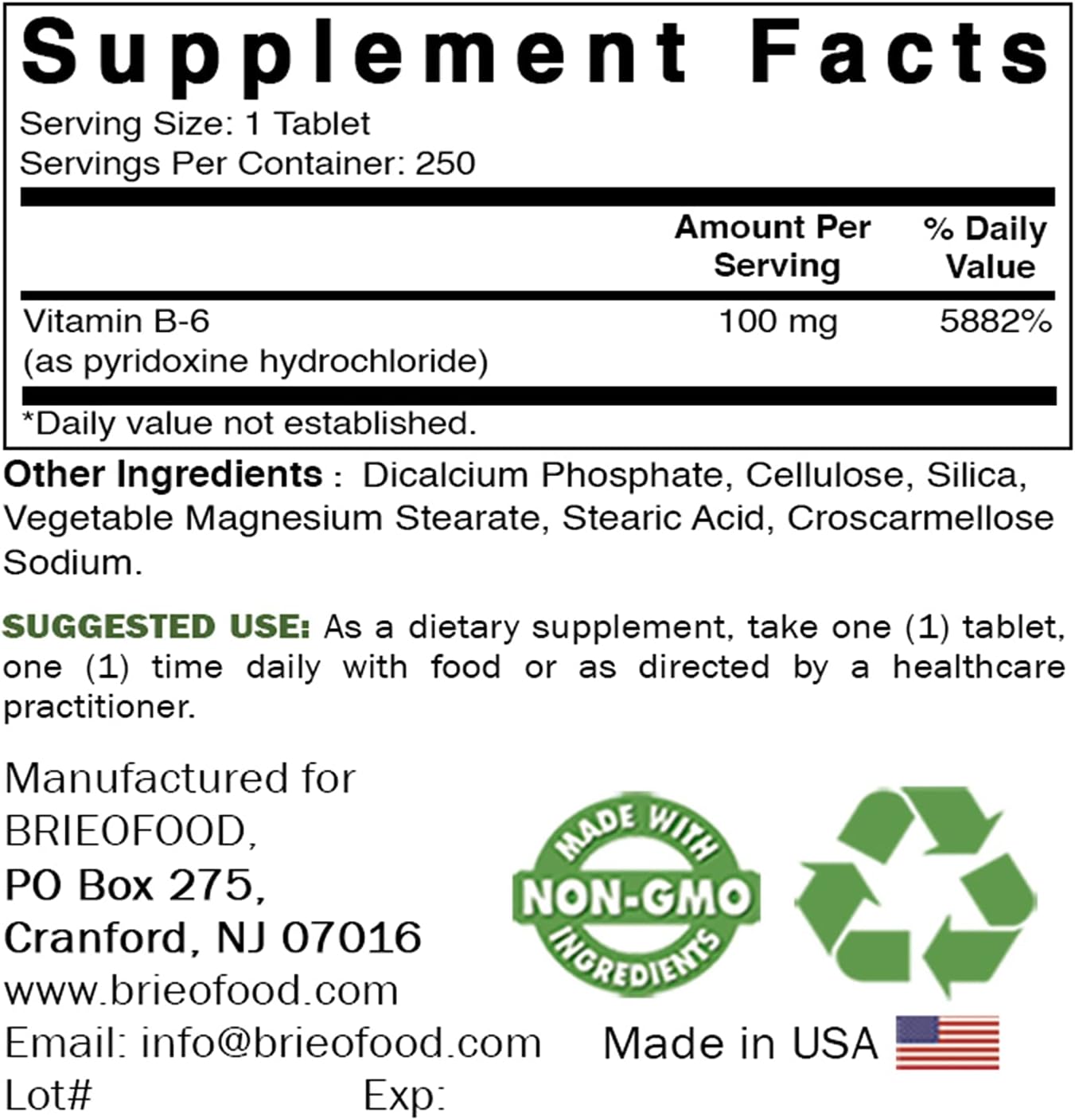 Brieofood Vitamin B6 Tablets - 100 mg, Pack of 250