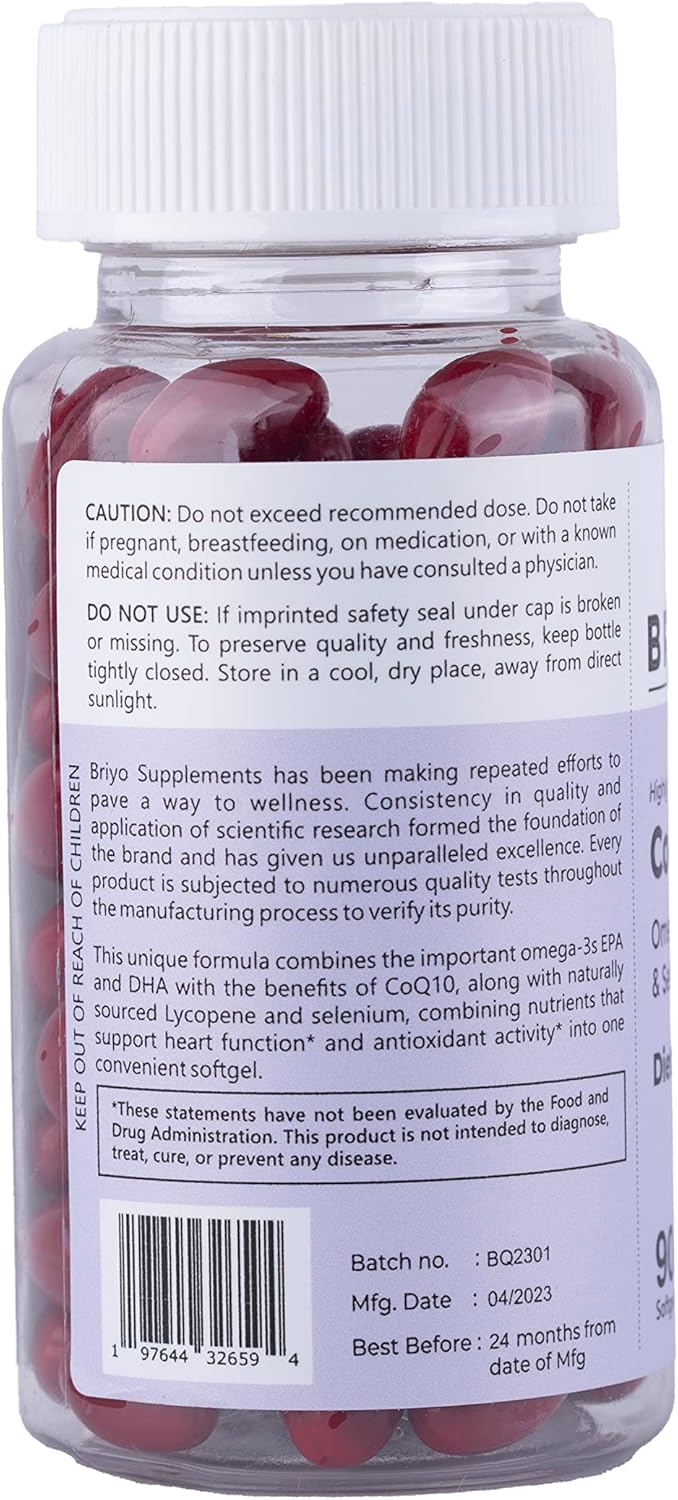 Briyo CoQ10 100mg with Omega-3, Lycopene, and Selenium for Heart Health - 90 Softgels