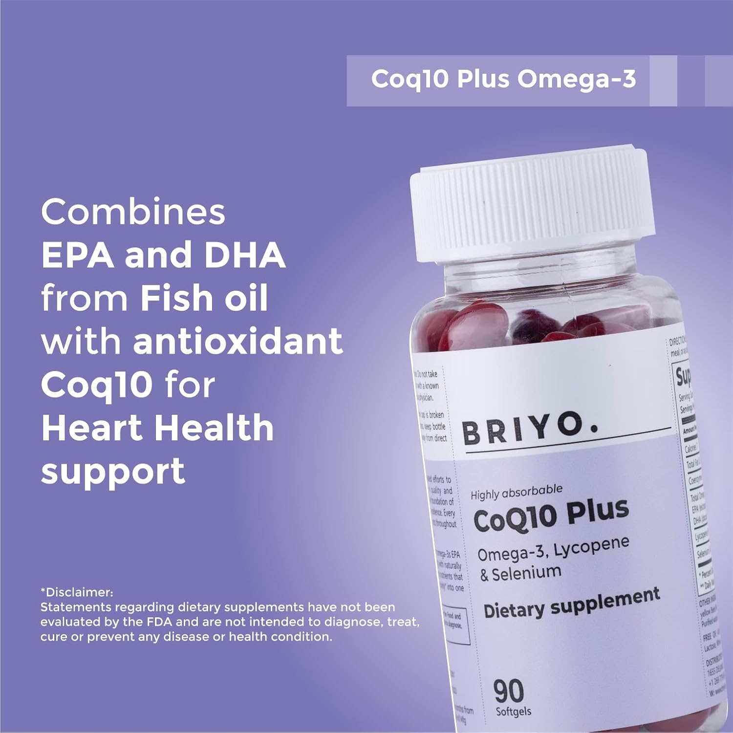 Briyo CoQ10 100mg with Omega-3, Lycopene, and Selenium for Heart Health - 90 Softgels