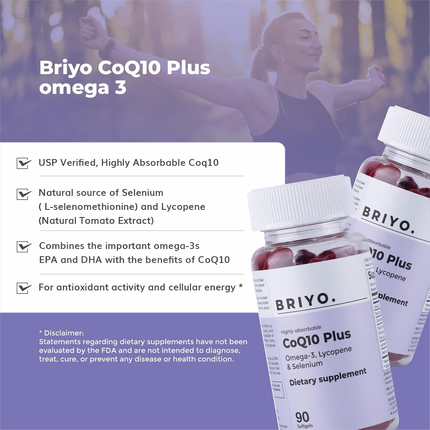 Briyo CoQ10 100mg with Omega-3, Lycopene, and Selenium for Heart Health - 90 Softgels