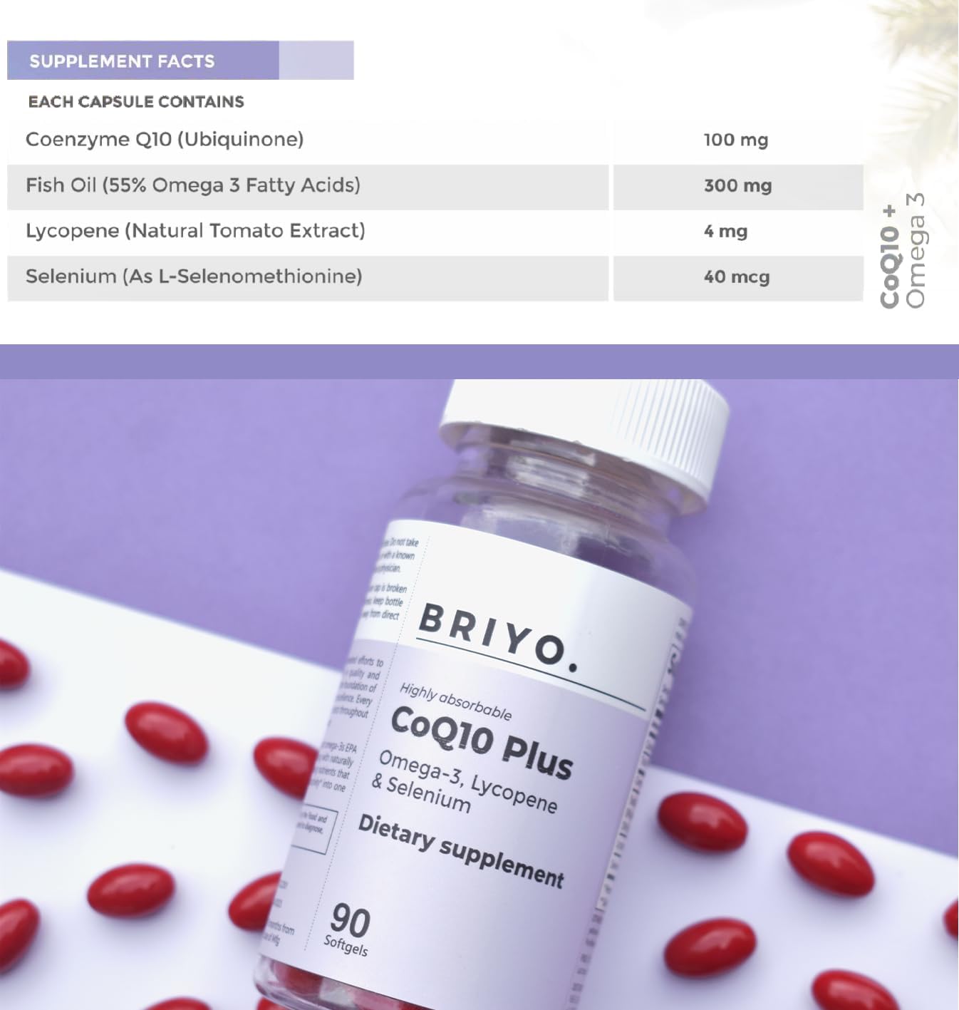 Briyo CoQ10 100mg with Omega-3, Lycopene, and Selenium for Heart Health - 90 Softgels