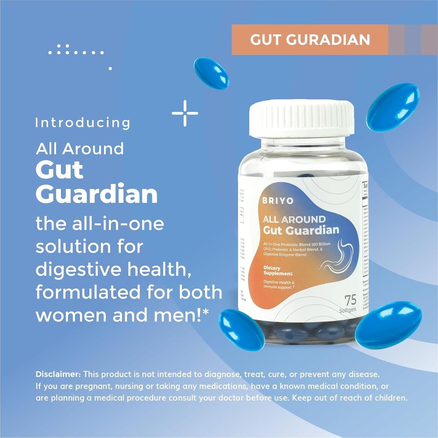 Briyo Gut Guardian: Digestive Health Support with 60 Billion CFU Probiotics, Prebiotics, Enzymes, & Herbs - Relieves Constipation, Diarrhea, Gas & Bloating - Immune Health Boost