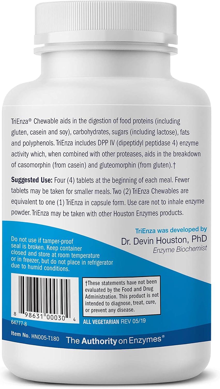 Broad-Spectrum Digestive Enzymes - Houston Enzymes TriEnza Chewable Tabs - 180 Count (45 Servings) - Supports Gluten, Casein, Soy, and Protein Digestion