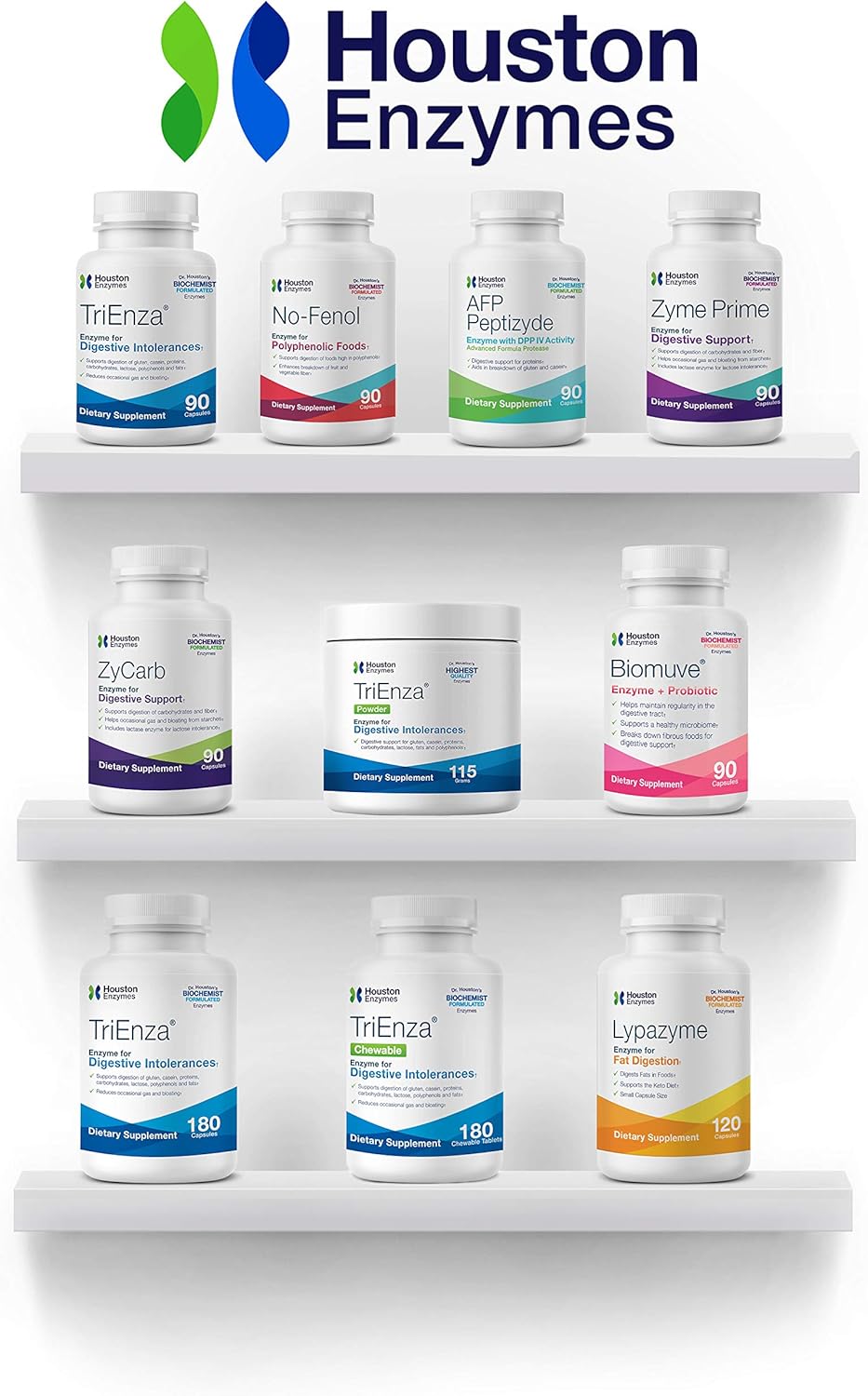 Broad-Spectrum Digestive Enzymes - Houston Enzymes TriEnza Chewable Tabs - 180 Count (45 Servings) - Supports Gluten, Casein, Soy, and Protein Digestion