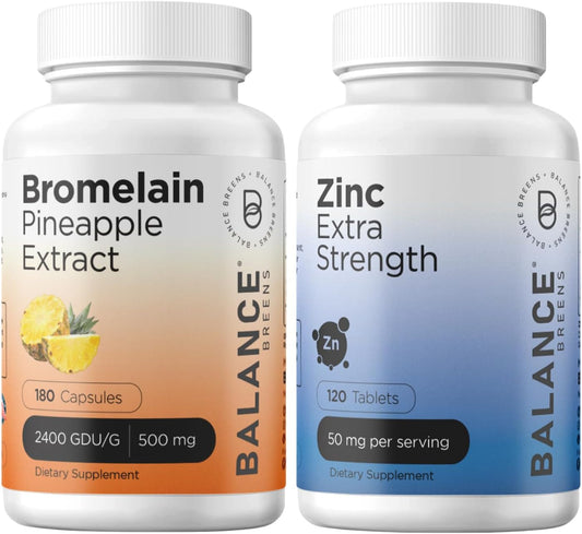 Bromelain 500mg and Zinc 50mg Capsules for Balance Breens - 180 Capsules Combo Pack