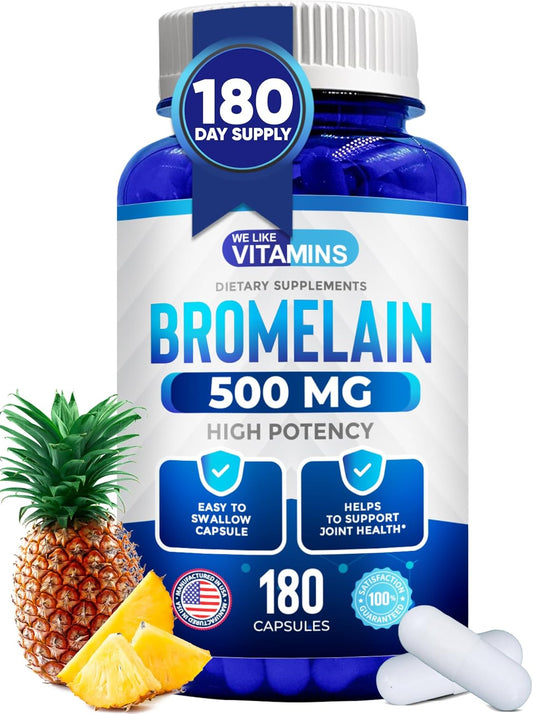 Bromelain 500mg Capsules - Pineapple Extract Supplement for Digestion & Joint Pain - 180 Capsules