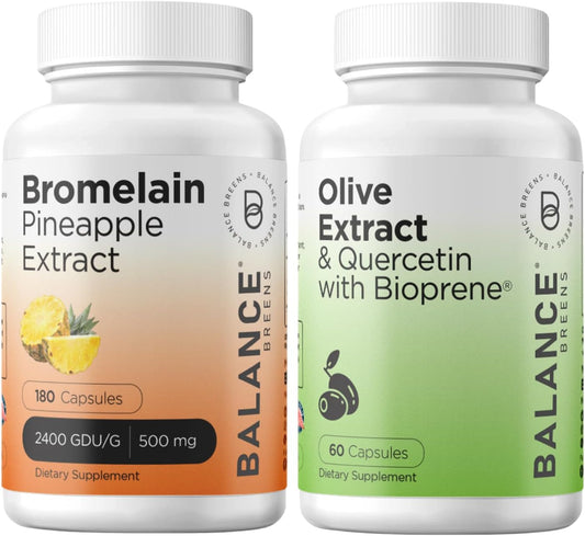 Bromelain 500mg Capsules with Olive Leaf Extract and Quercetin 400mg + Bioperine Black Pepper Extract - Immunity Boosting Supplement Combo