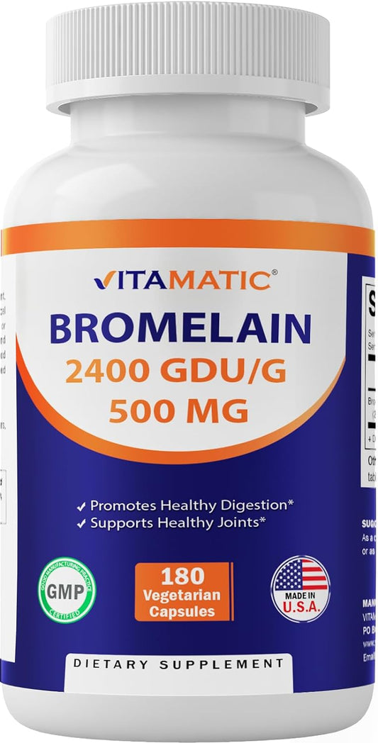 Bromelain Enzyme Supplement 500mg, 2400 GDU/g, Proteolytic Enzymes, Digestive Protein Support, 180 Count Bottle