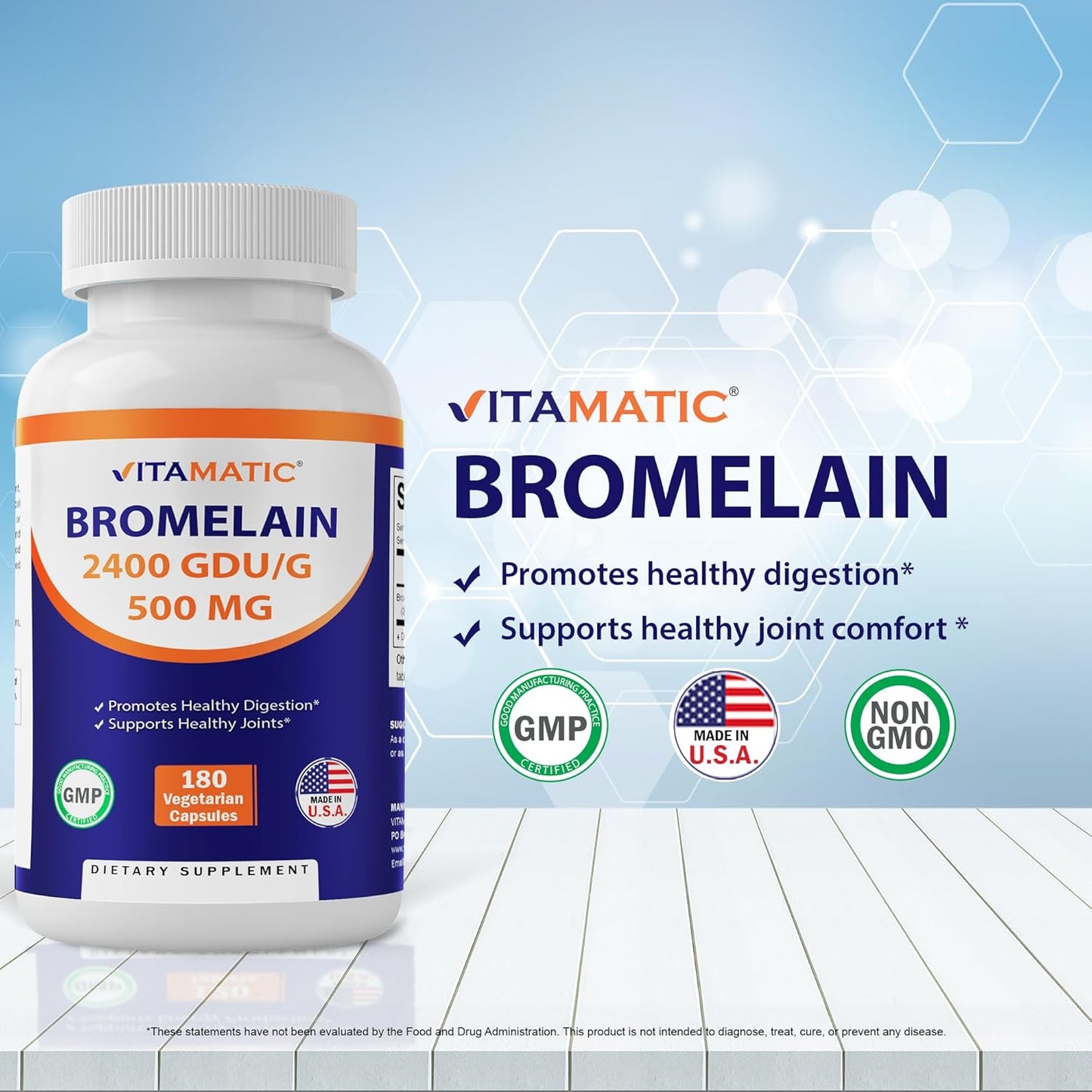 Bromelain Enzyme Supplement 500mg, 2400 GDU/g, Proteolytic Enzymes, Digestive Protein Support, 180 Count Bottle