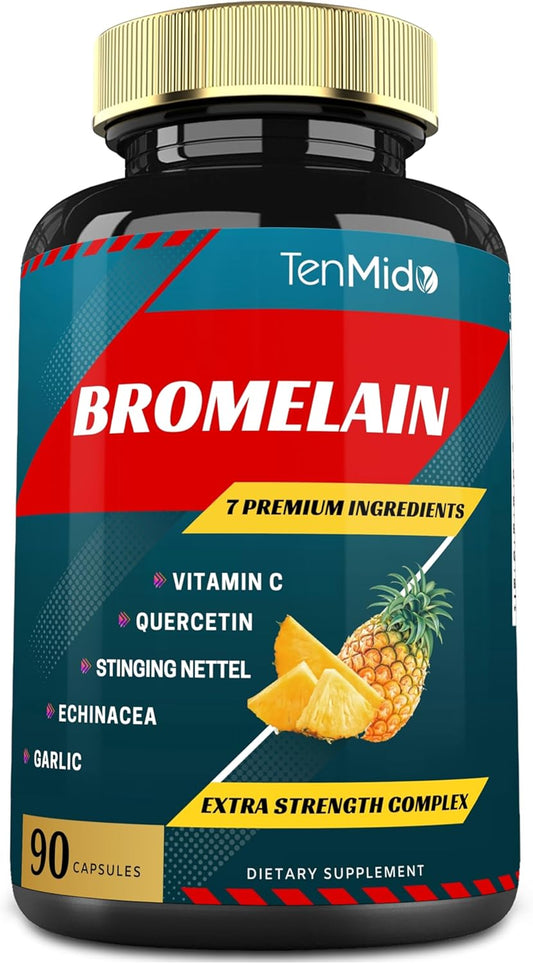 Bromelain Extract Capsules with Proteolytic Enzymes, VitC, Quercetin, Echinacea, Garlic & Pepper - Digestion & Nutrient Support - 90caps