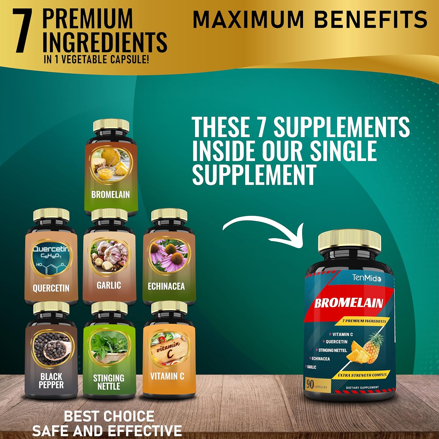 Bromelain Extract Capsules with Proteolytic Enzymes, VitC, Quercetin, Echinacea, Garlic & Pepper - Digestion & Nutrient Support - 90caps