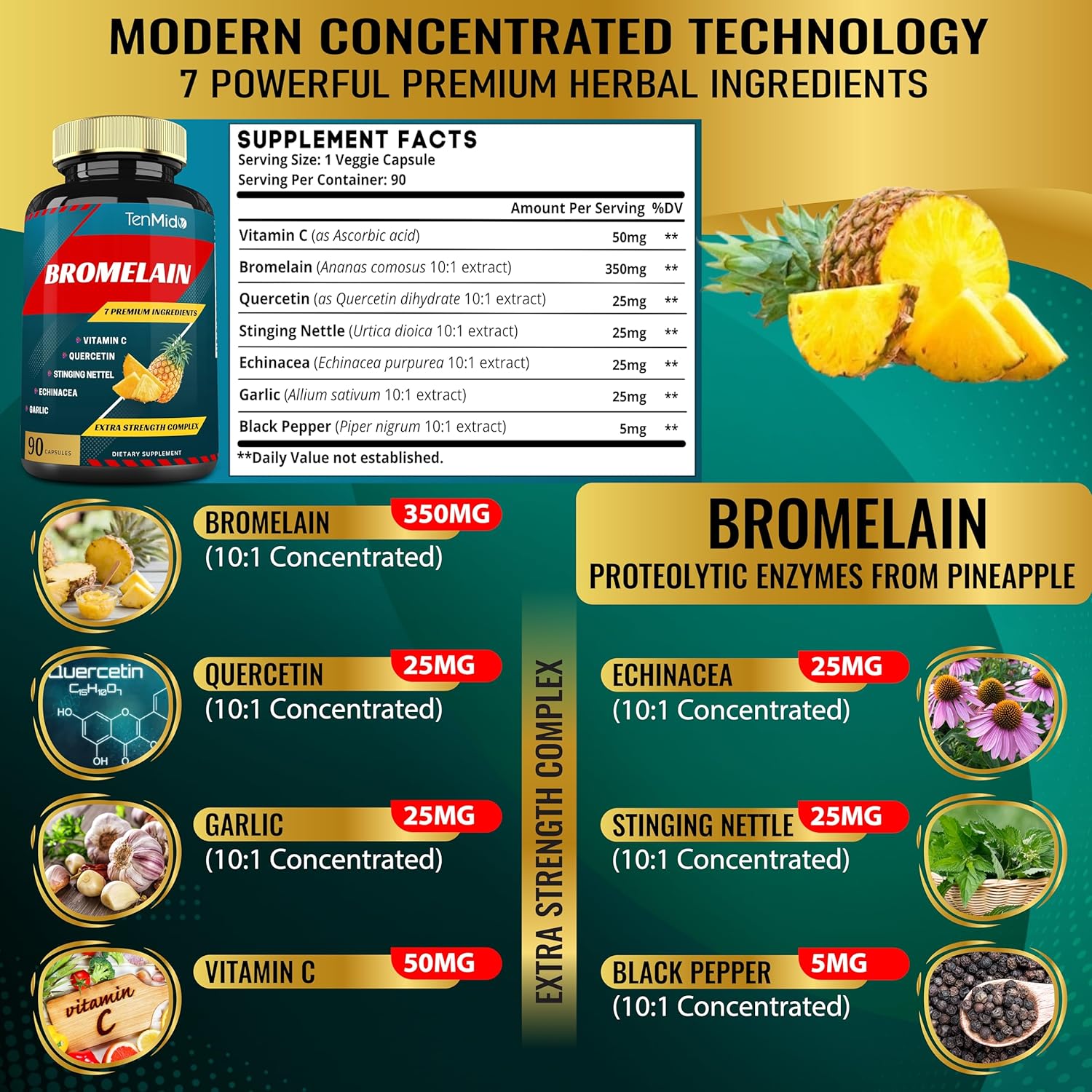 Bromelain Extract Capsules with Proteolytic Enzymes, VitC, Quercetin, Echinacea, Garlic & Pepper - Digestion & Nutrient Support - 90caps
