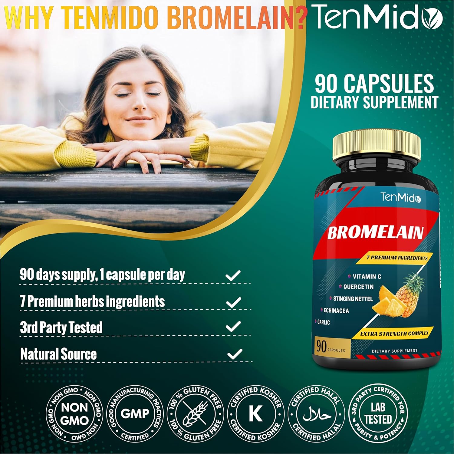 Bromelain Extract Capsules with Proteolytic Enzymes, VitC, Quercetin, Echinacea, Garlic & Pepper - Digestion & Nutrient Support - 90caps