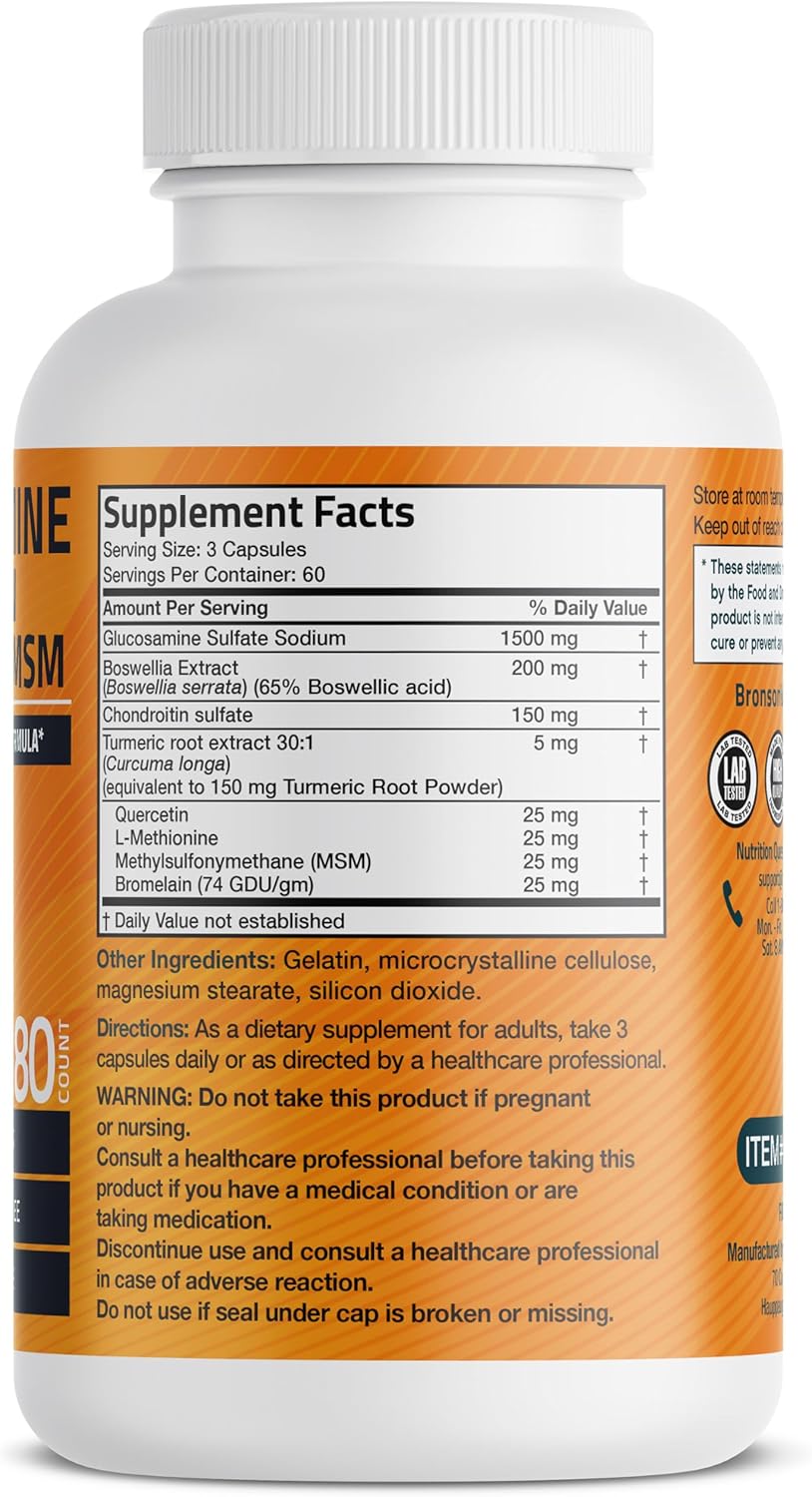 Bronson Advanced Joint Support Formula with Glucosamine, Chondroitin, Turmeric & MSM - 180 Capsules, Non-GMO