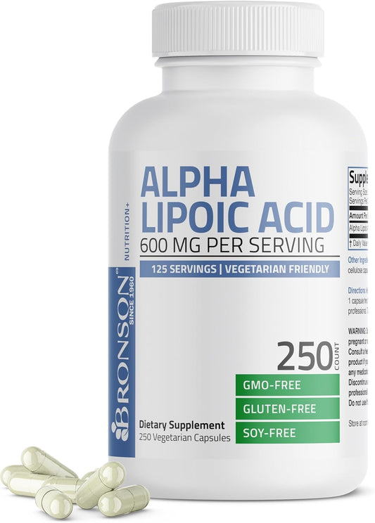 Bronson Alpha Lipoic Acid 600 MG Capsules - Antioxidant Support, Non-GMO, 250 Vegetarian Capsules
