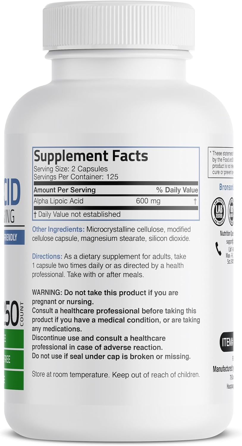 Bronson Alpha Lipoic Acid 600 MG Capsules - Antioxidant Support, Non-GMO, 250 Vegetarian Capsules