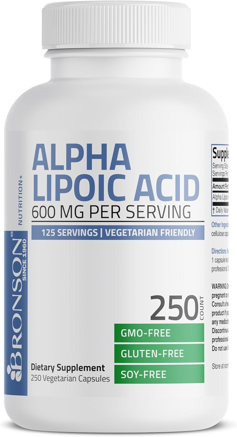 Bronson Alpha Lipoic Acid 600 MG Capsules - Antioxidant Support, Non-GMO, 250 Vegetarian Capsules