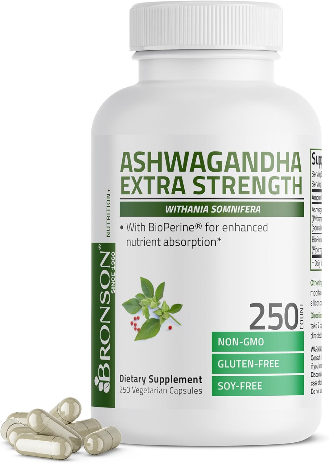 Bronson Ashwagandha Extra Strength Capsules with BioPerine - Non GMO Stress & Mood Support, 250 Vegetarian