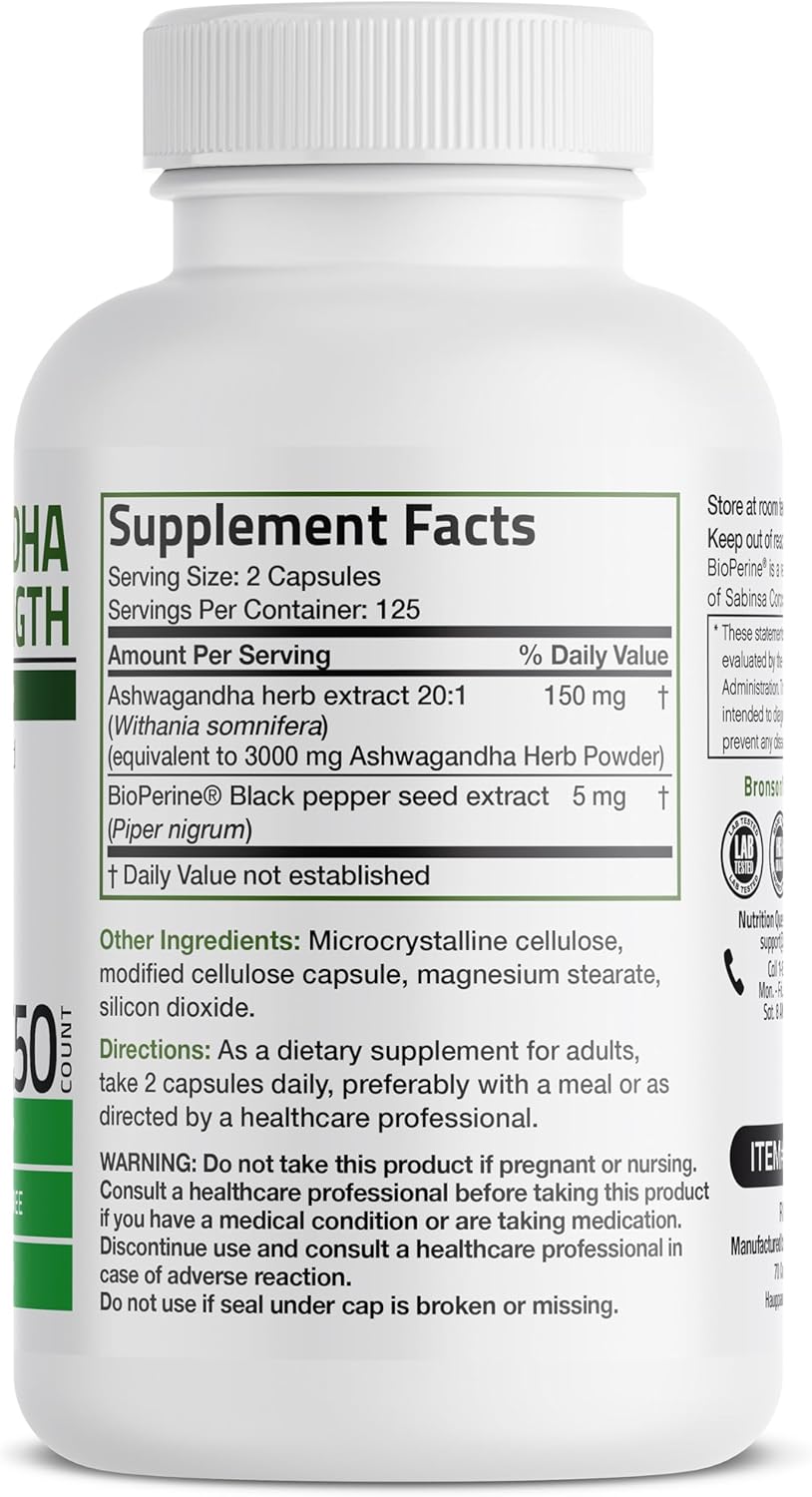 Bronson Ashwagandha Extra Strength Capsules with BioPerine - Non GMO Stress & Mood Support, 250 Vegetarian