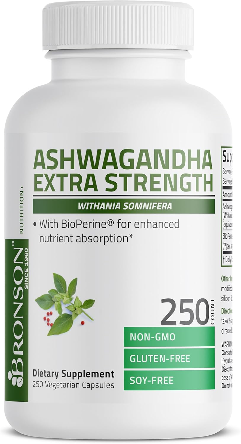 Bronson Ashwagandha Extra Strength Capsules with BioPerine - Non GMO Stress & Mood Support, 250 Vegetarian