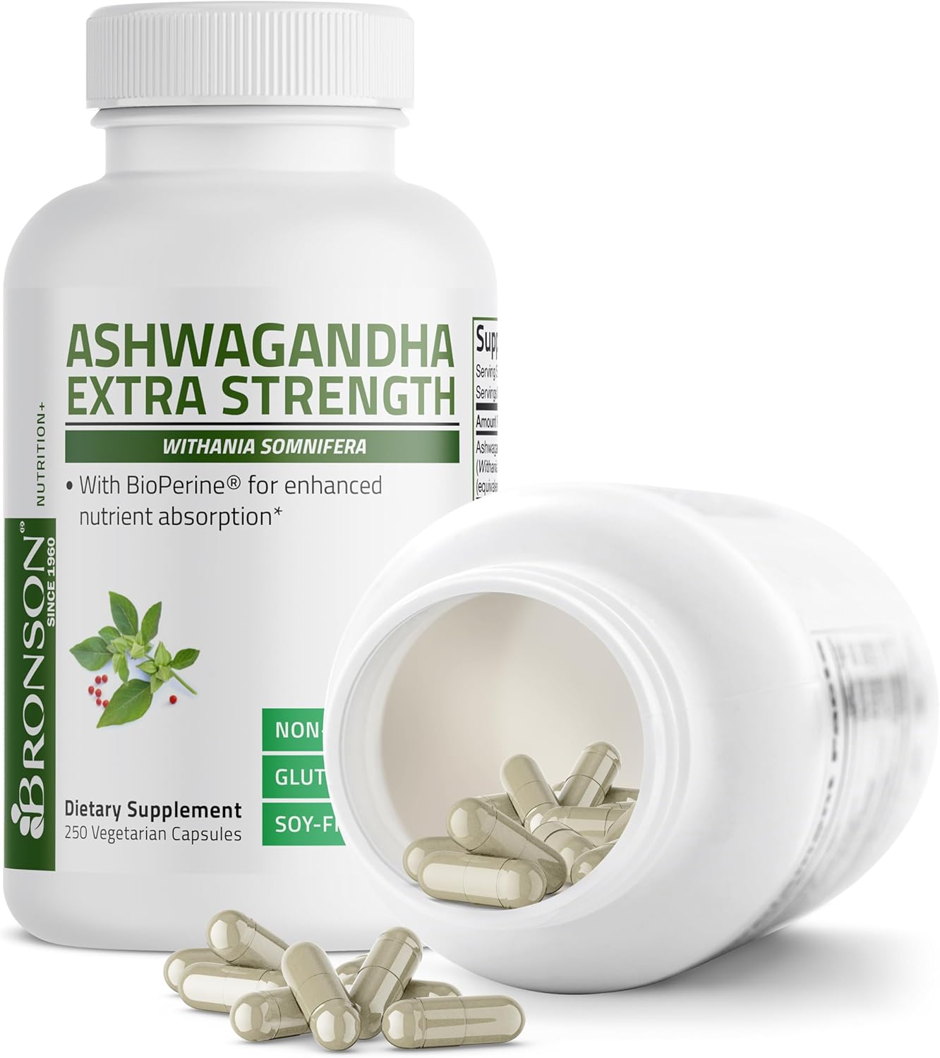 Bronson Ashwagandha Extra Strength Capsules with BioPerine - Non GMO Stress & Mood Support, 250 Vegetarian