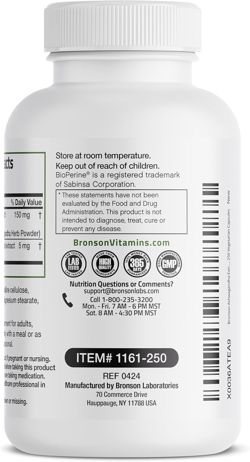 Bronson Ashwagandha Extra Strength Capsules with BioPerine - Non GMO Stress & Mood Support, 250 Vegetarian