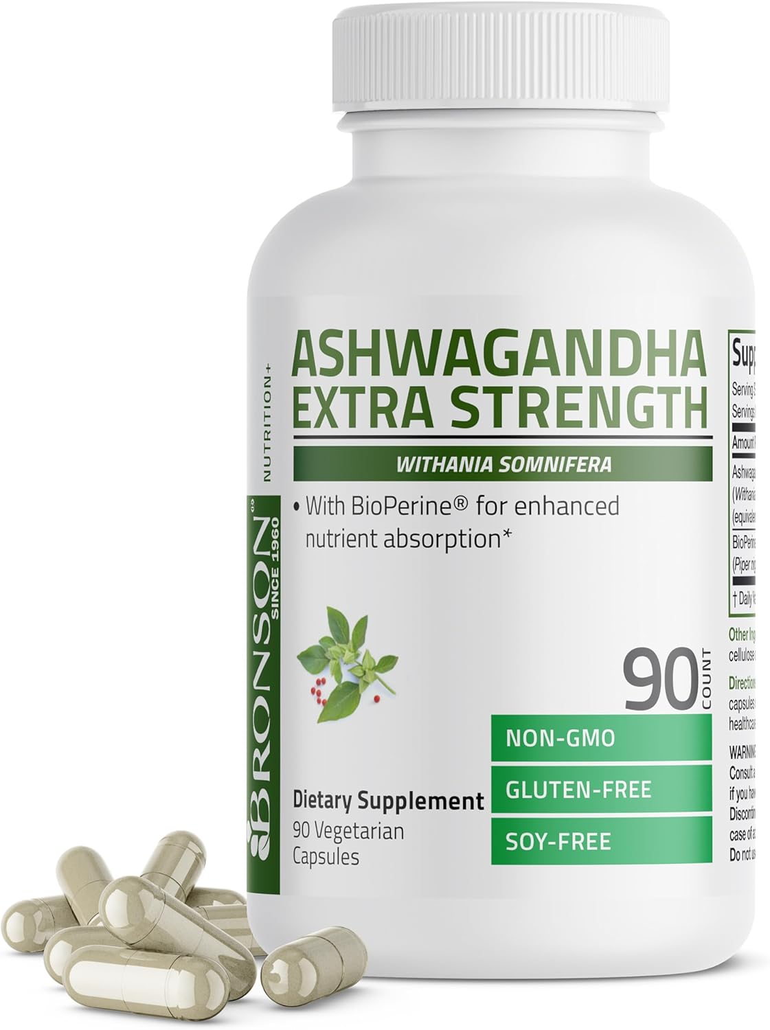Bronson Ashwagandha Extra Strength with BioPerine - 90 Vegetarian Capsules for Stress & Mood Support, Non GMO Formula