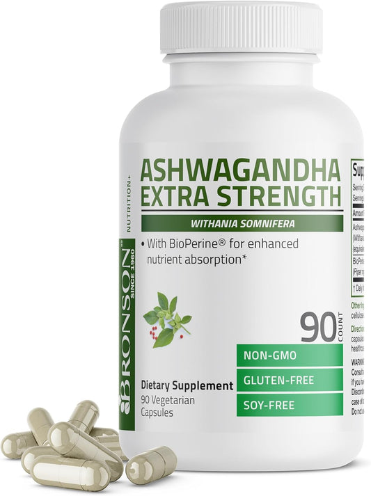 Bronson Ashwagandha Extra Strength with BioPerine - 90 Vegetarian Capsules for Stress & Mood Support, Non GMO Formula