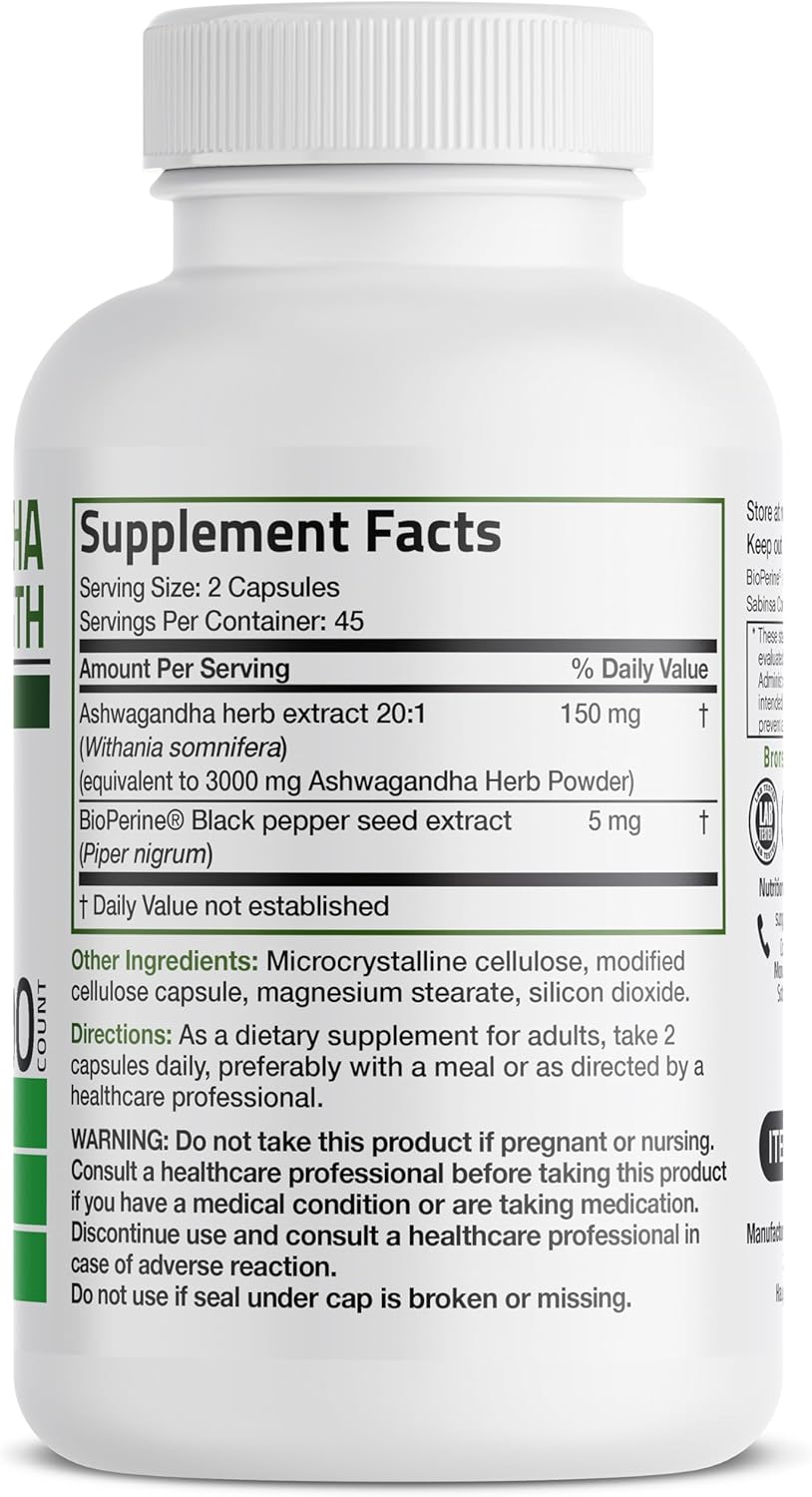 Bronson Ashwagandha Extra Strength with BioPerine - 90 Vegetarian Capsules for Stress & Mood Support, Non GMO Formula