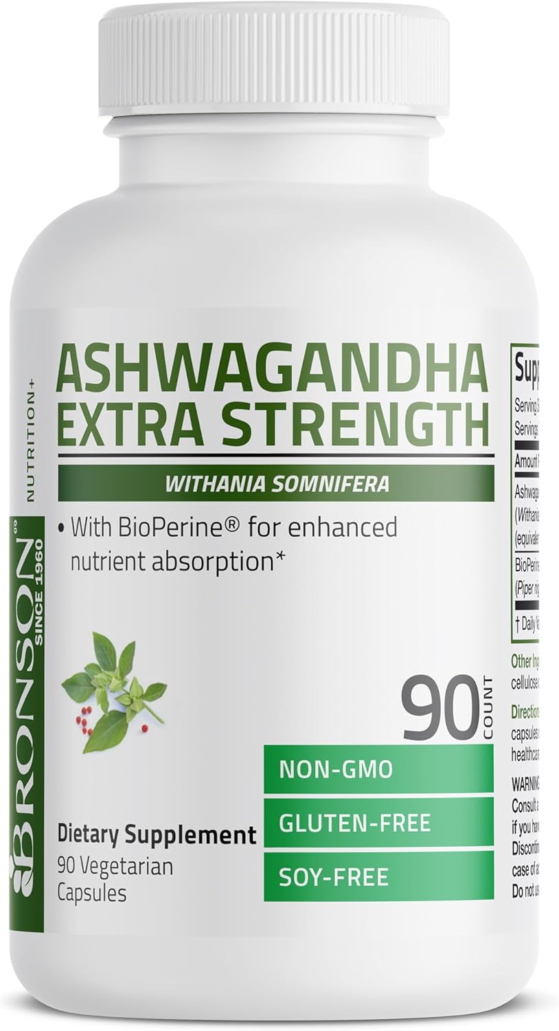 Bronson Ashwagandha Extra Strength with BioPerine - 90 Vegetarian Capsules for Stress & Mood Support, Non GMO Formula