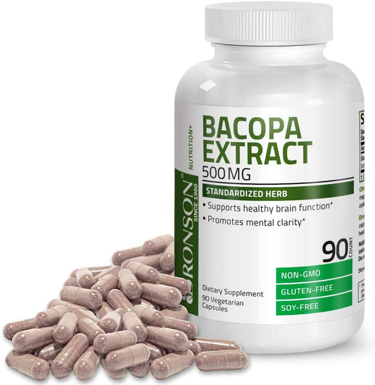 Bronson Bacopa Monnieri Extract Capsules - 500 mg for Mental Clarity and Brain Function - Non GMO, 90 Vegetarian Capsules