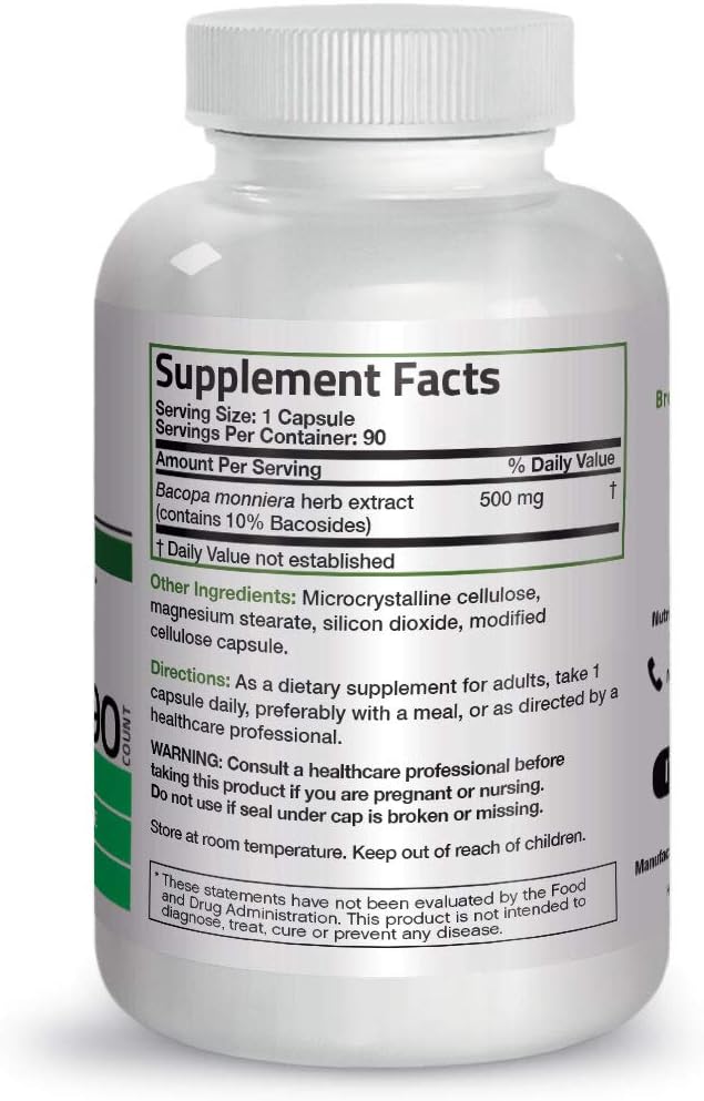 Bronson Bacopa Monnieri Extract Capsules - 500 mg for Mental Clarity and Brain Function - Non GMO, 90 Vegetarian Capsules