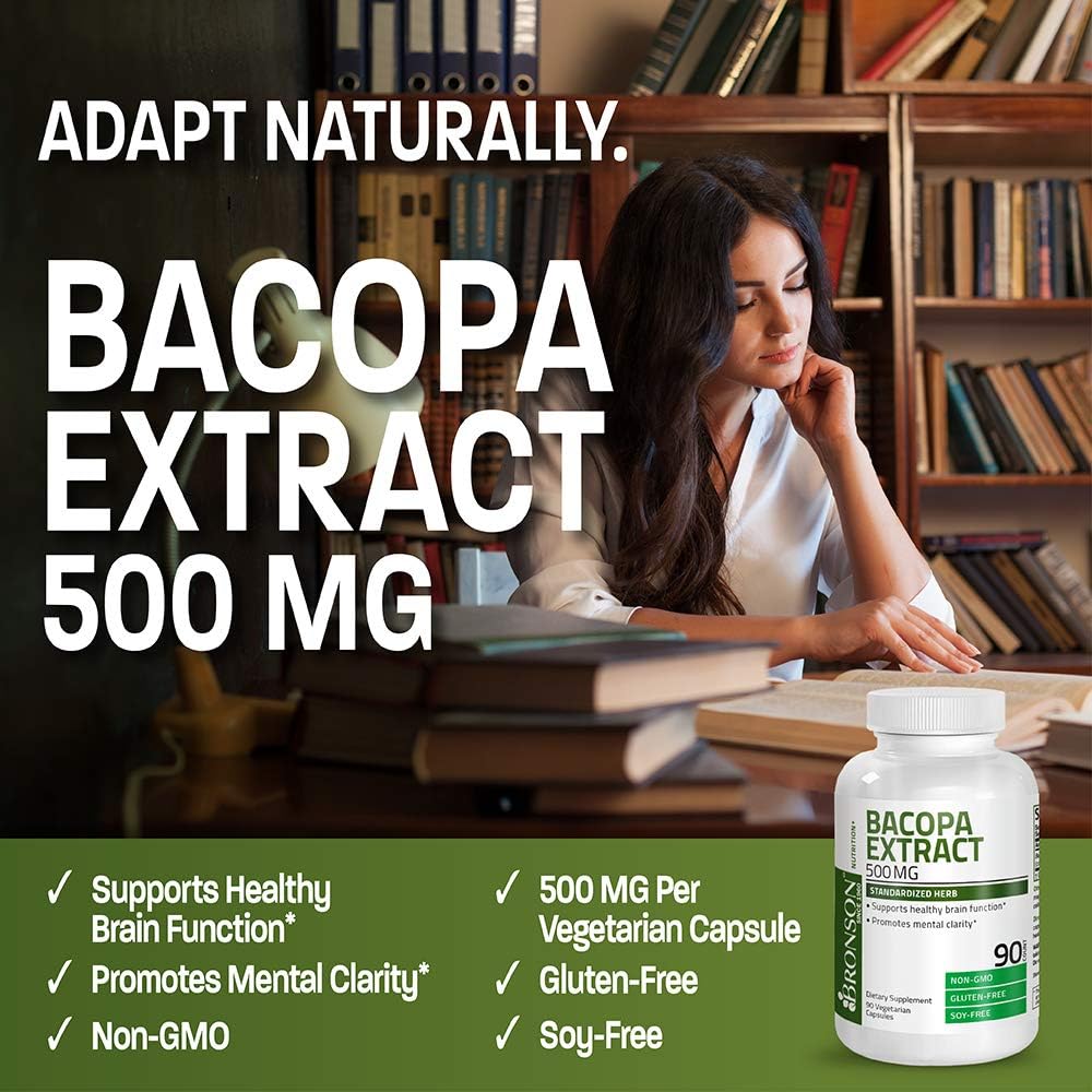 Bronson Bacopa Monnieri Extract Capsules - 500 mg for Mental Clarity and Brain Function - Non GMO, 90 Vegetarian Capsules