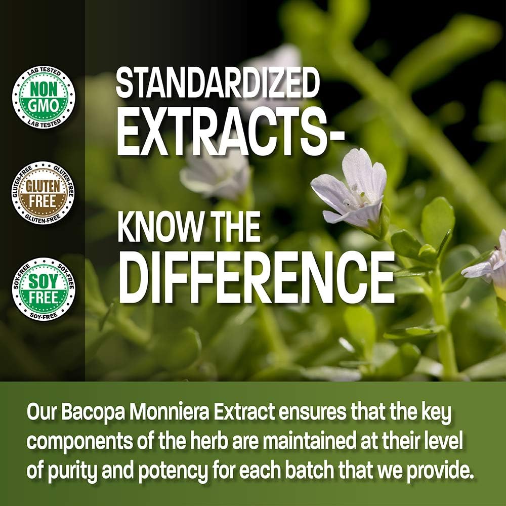 Bronson Bacopa Monnieri Extract Capsules - 500 mg for Mental Clarity and Brain Function - Non GMO, 90 Vegetarian Capsules