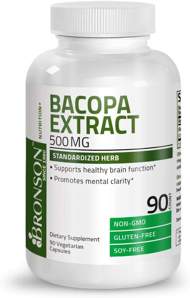Bronson Bacopa Monnieri Extract Capsules - 500 mg for Mental Clarity and Brain Function - Non GMO, 90 Vegetarian Capsules