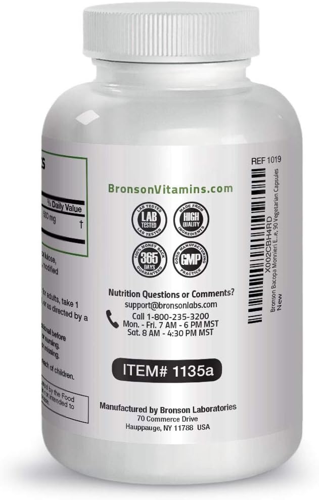 Bronson Bacopa Monnieri Extract Capsules - 500 mg for Mental Clarity and Brain Function - Non GMO, 90 Vegetarian Capsules