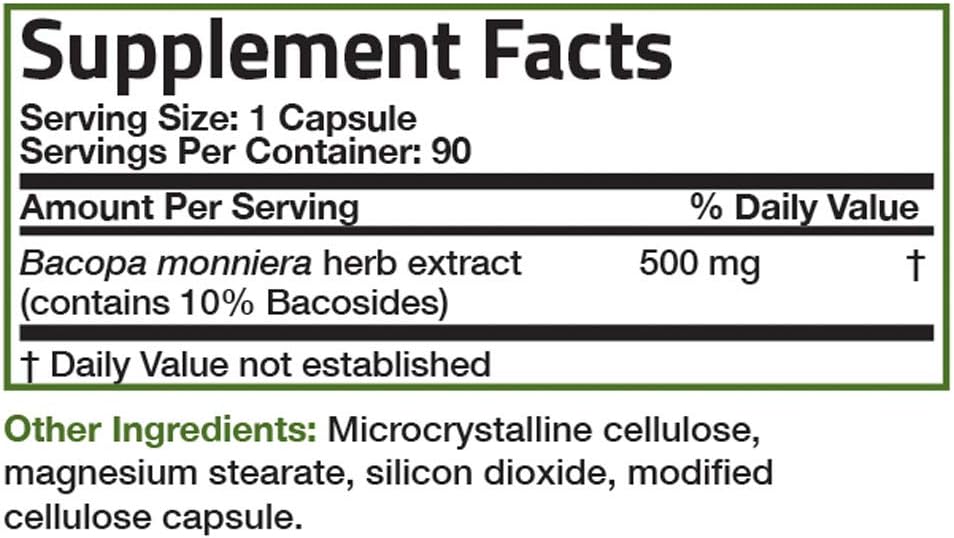 Bronson Bacopa Monnieri Extract Capsules - 500 mg for Mental Clarity and Brain Function - Non GMO, 90 Vegetarian Capsules