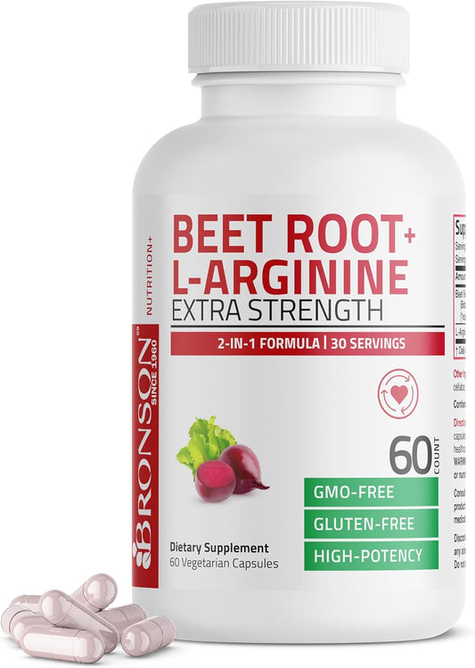 Bronson Beet Root and L-Arginine Capsules for Nitric Oxide Boost - Non-GMO, 60 Vegetarian Capsules