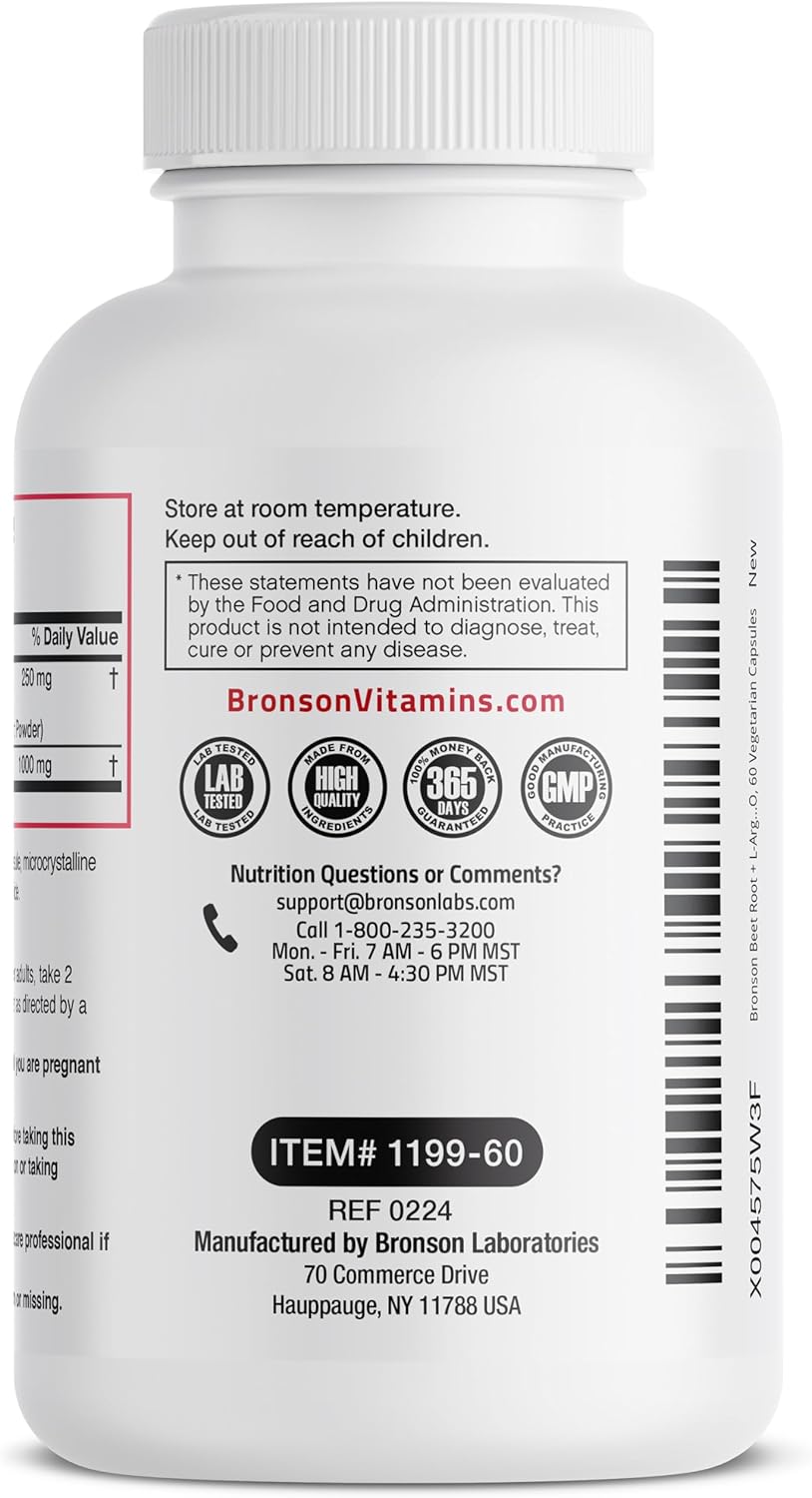 Bronson Beet Root and L-Arginine Capsules for Nitric Oxide Boost - Non-GMO, 60 Vegetarian Capsules