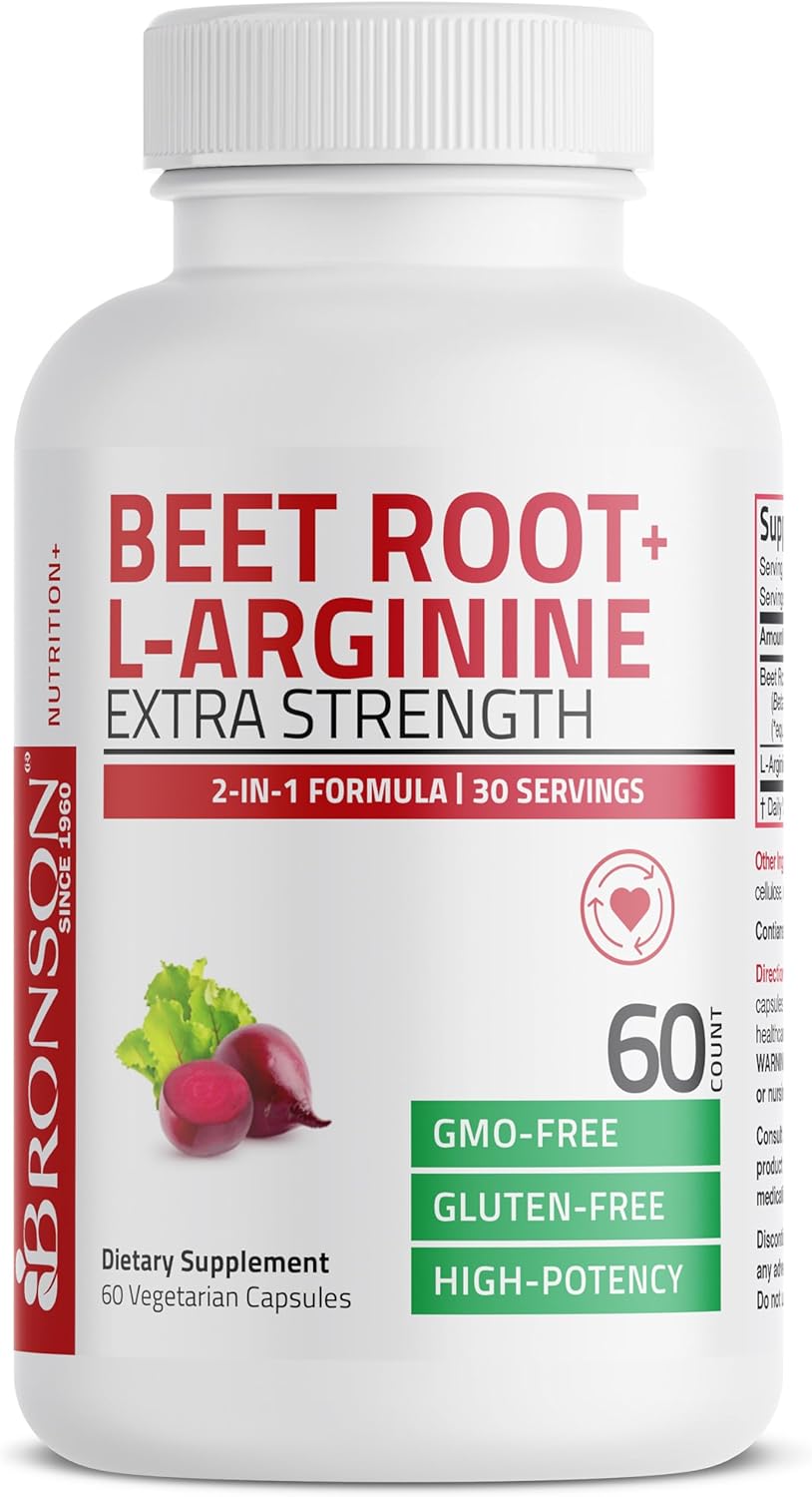 Bronson Beet Root and L-Arginine Capsules for Nitric Oxide Boost - Non-GMO, 60 Vegetarian Capsules