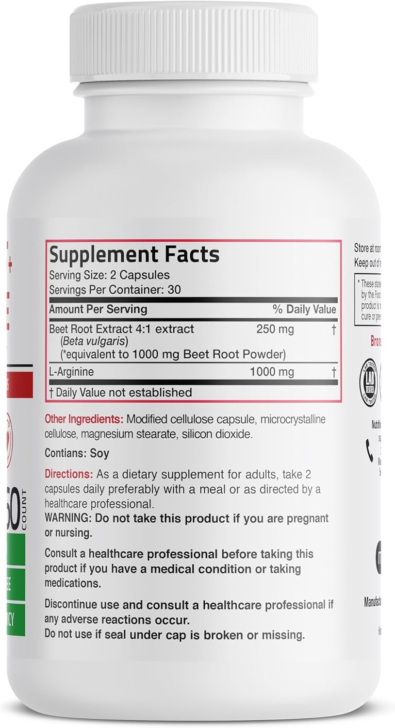 Bronson Beet Root and L-Arginine Capsules for Nitric Oxide Boost - Non-GMO, 60 Vegetarian Capsules
