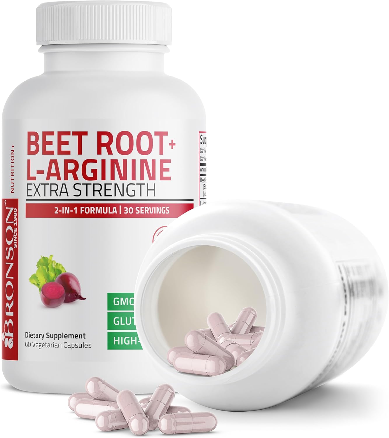 Bronson Beet Root and L-Arginine Capsules for Nitric Oxide Boost - Non-GMO, 60 Vegetarian Capsules
