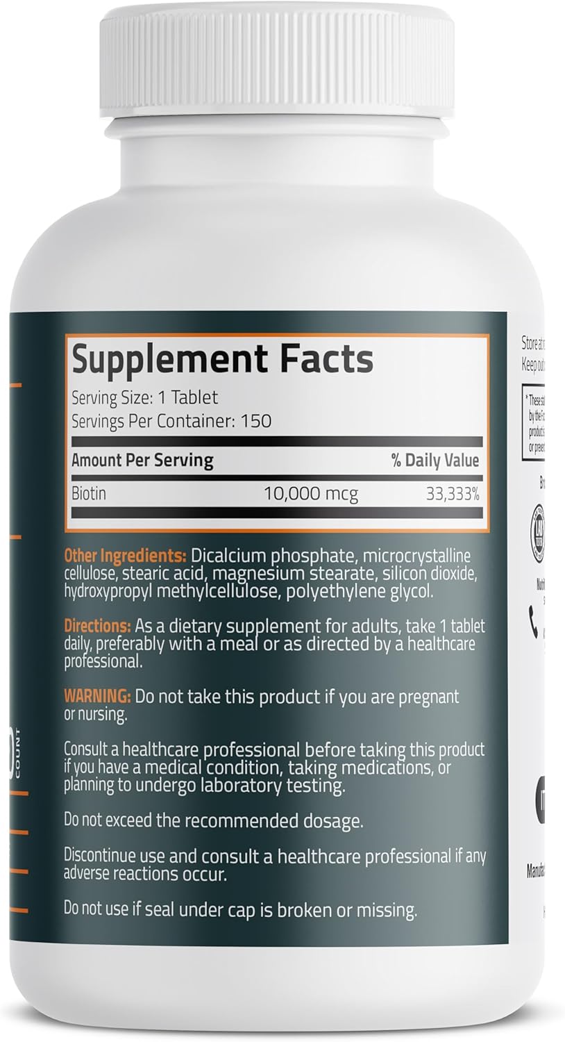 Bronson Biotin 10,000mcg Tablets for Healthy Hair, Skin, Nails - Vegetarian, Non-GMO - 150 Count