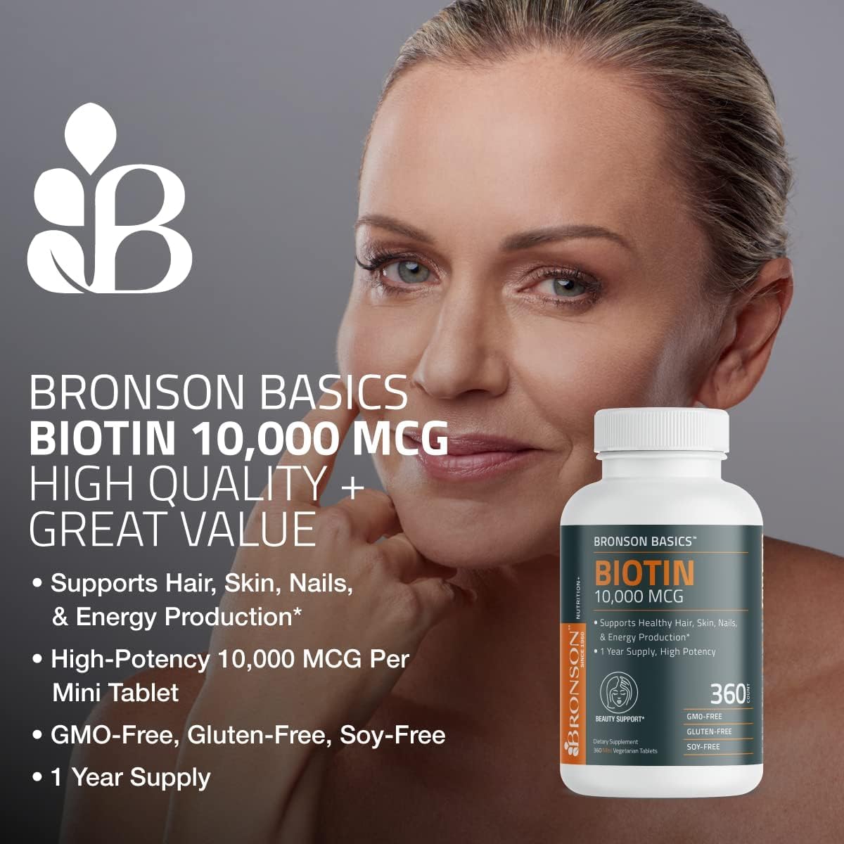 Bronson Biotin 10,000mcg Tablets for Healthy Hair, Skin, Nails - Vegetarian, Non-GMO - 150 Count