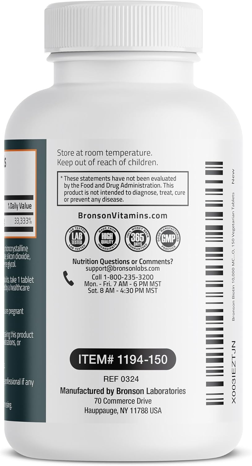 Bronson Biotin 10,000mcg Tablets for Healthy Hair, Skin, Nails - Vegetarian, Non-GMO - 150 Count