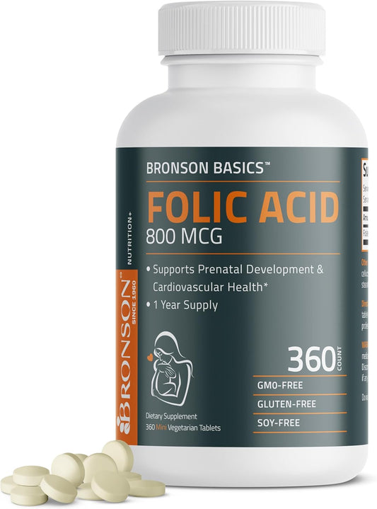 Bronson Folic Acid 800 MCG Tablets - 1 Year Supply for Prenatal Development, Non-GMO, 360 Count